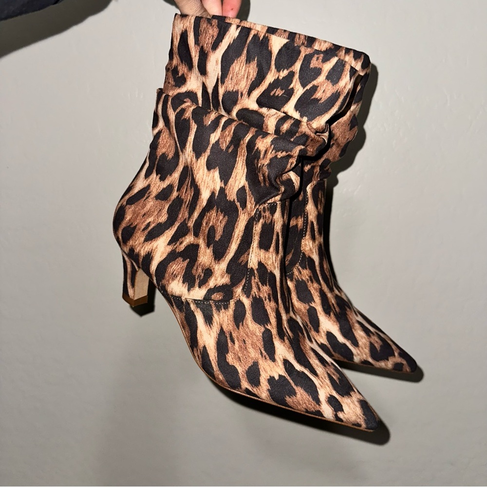 Kitten Heel Jessica Simpson Leopard Heeled Boots with Pointed Toe & Ruched Ankle - Picture 2 of 16